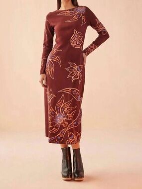 NWT Omika 100% Cotton Jersey Eliza Floral Delaney Midi Dress Brown / Pink Sz S